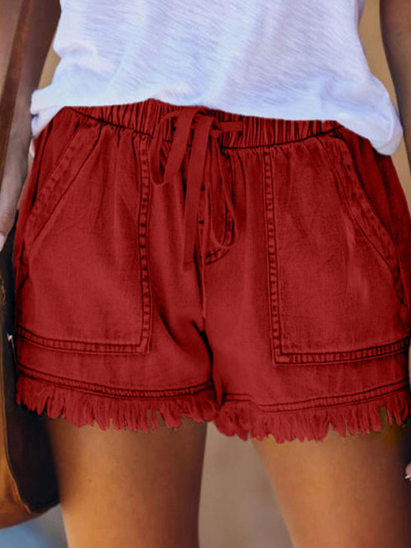 Short décontracté à cordon de serrage, taille haute, en jean, à franges