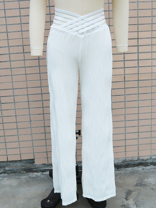 Pantalon ample ajouré plissé à jambes larges, à taille élastique, couleur unie