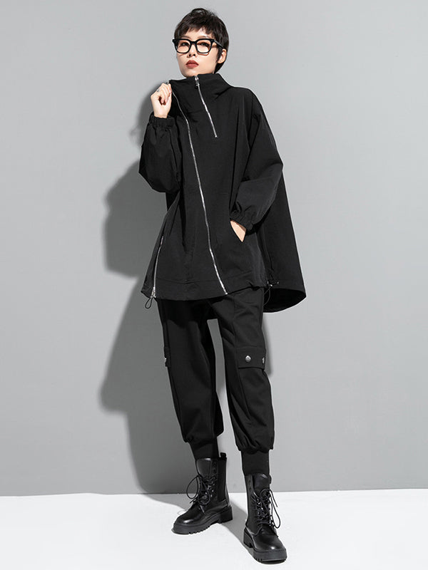 Veste ample à coupe irrégulière, à fermeture éclair, à capuche, couleur unie