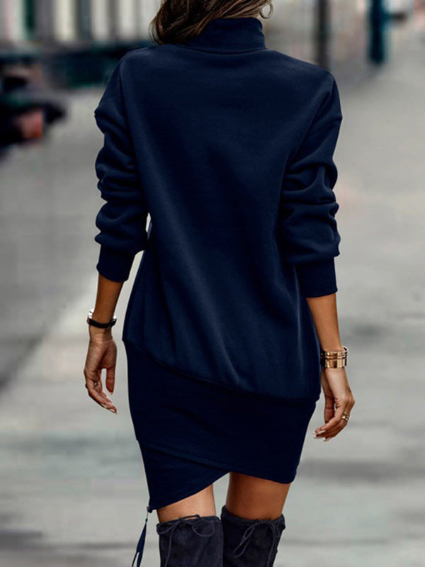 Robe courte décontractée à manches longues, à col haut, couleur unie