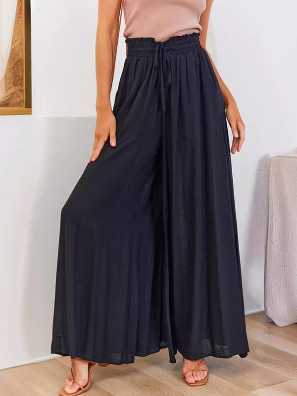 Pantalon ample plissé taille haute, à cordon de serrage, à taille élastique, à poches, couleur unie