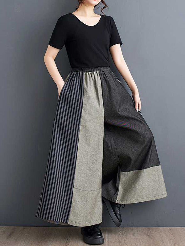 Pantalon ample rayé taille haute, à taille élastique, à poches, à empiècements