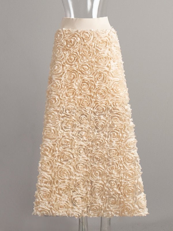 Jupe coupe trapèze, taille haute, à fleurs en 3D, couleur unie