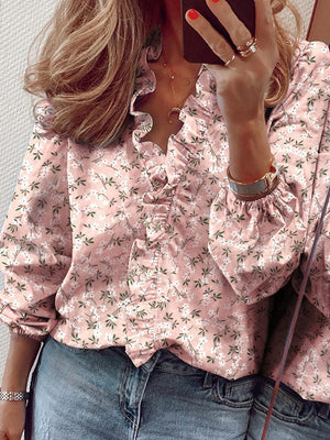 Blouses tendance à manches bouffantes et col en V imprimé