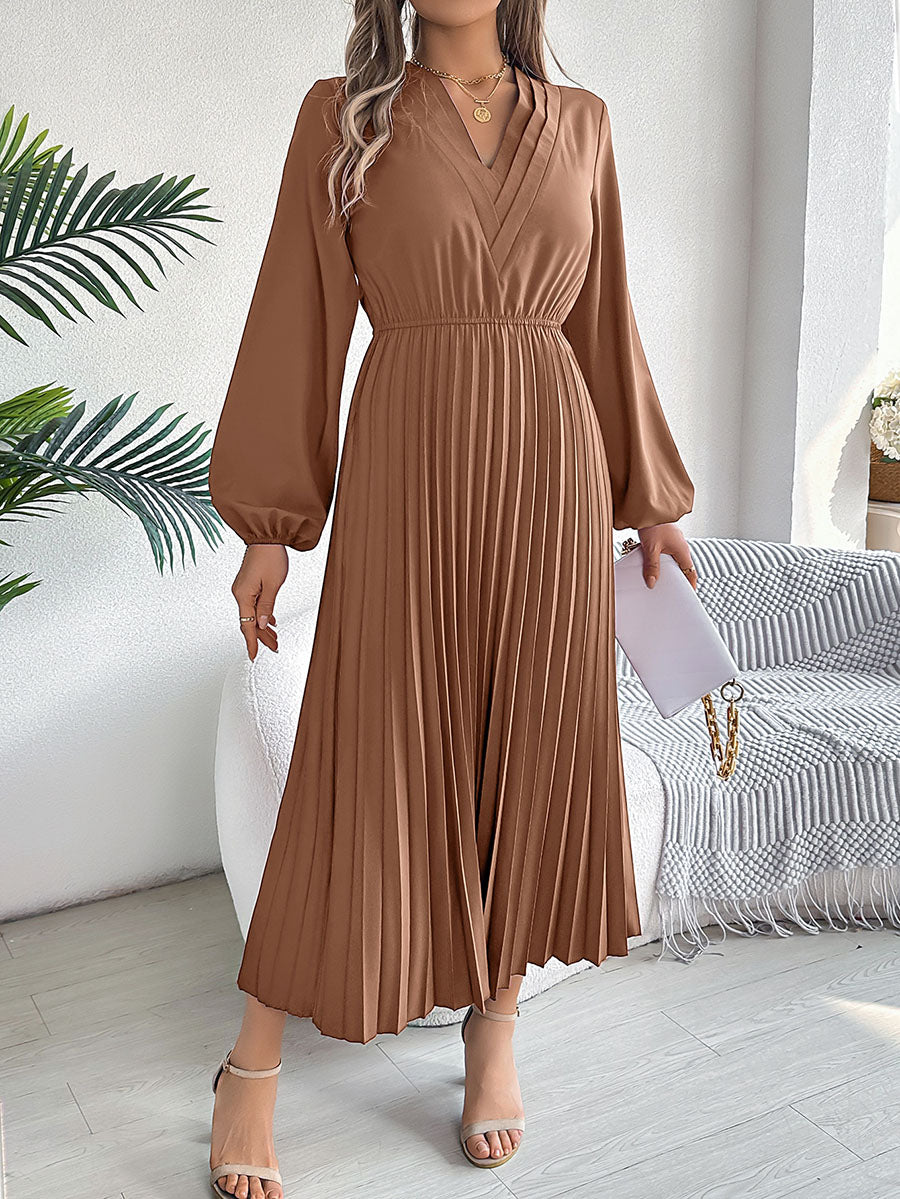 Robe longue plissée coupe trapèze, taille haute, à taille élastique, à col en V, couleur unie