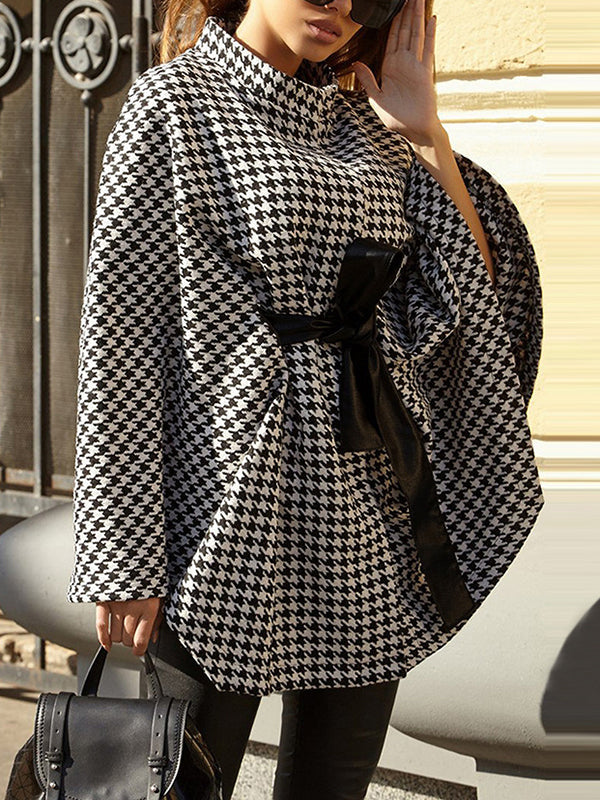 Veste à manches chauve-souris, à manches longues, à motif pied-de-poule, à taille nouée, à col montant, style cape
