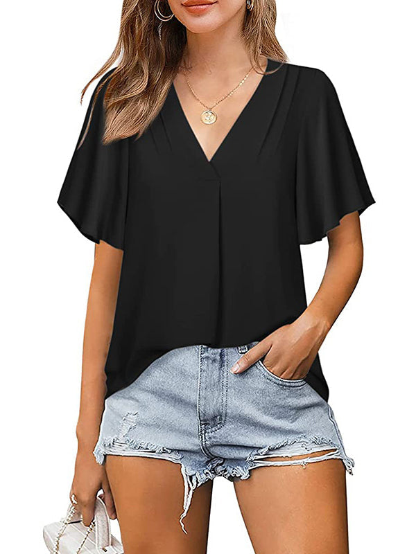T-shirt en mousseline de soie de couleur unie urbaine ample Volants