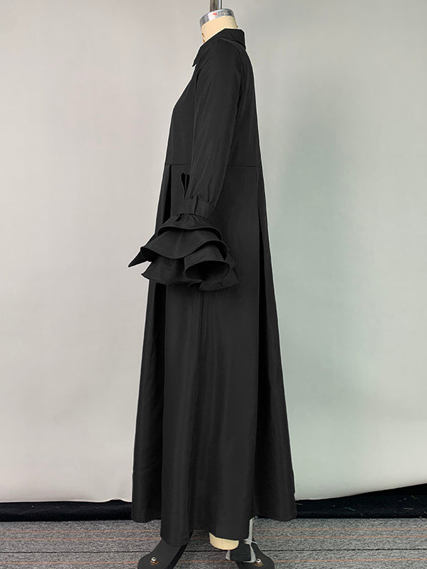 Robe chemise plissée à manches évasées, à empiècements, à col revers, couleur unie