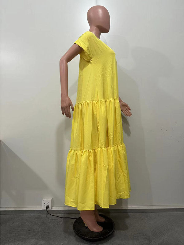 Robe longue ample plissée coupe trapèze, à empiècements, à col en V, couleur unie