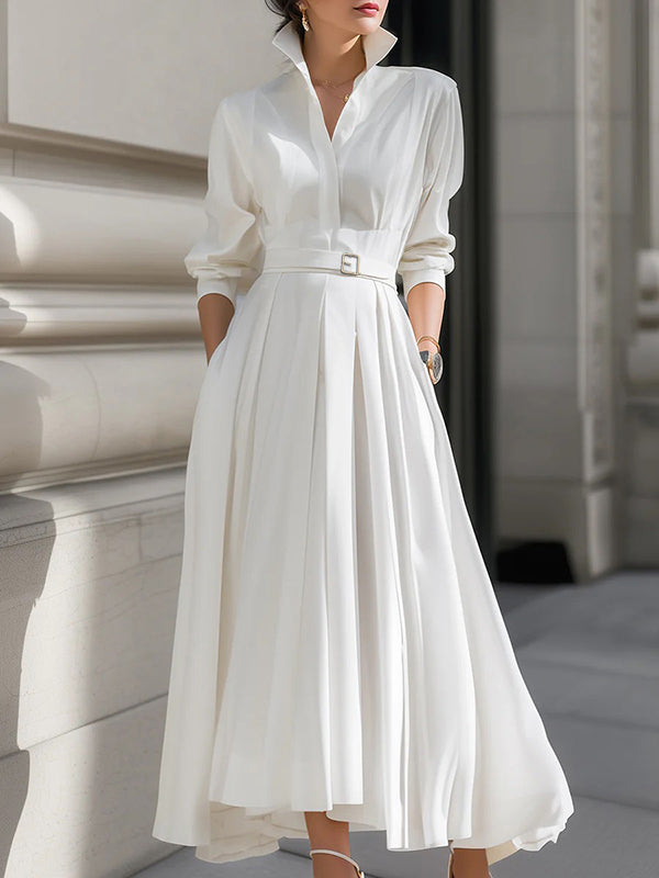 Robe longue ample à manches longues, avec ceinture, à poches, à col montant, couleur unie
