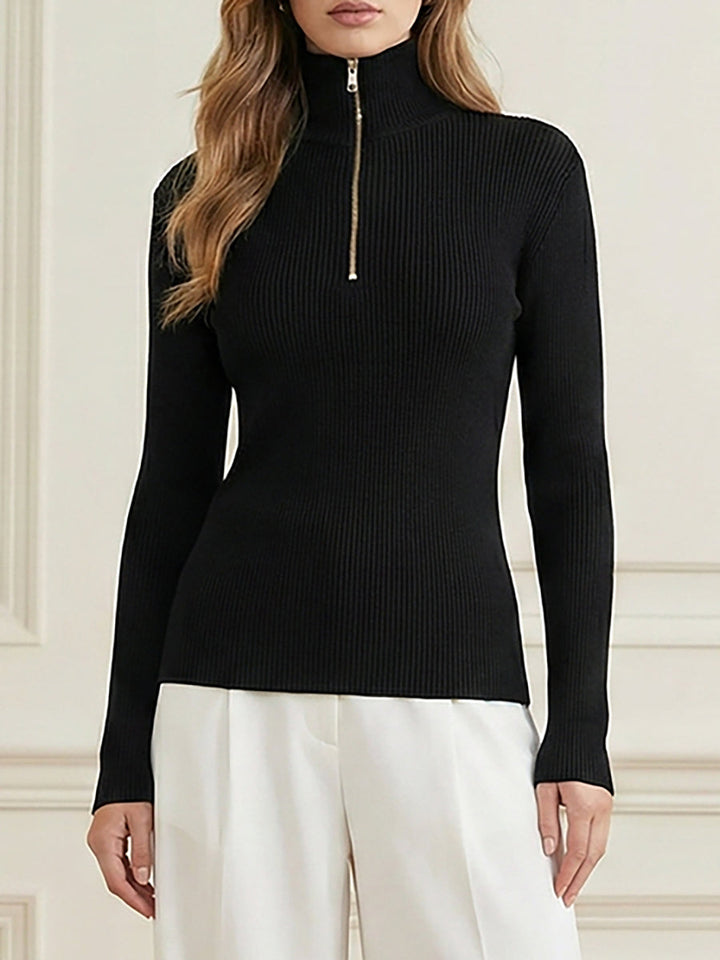 Pull à manches longues, coupe près du corps, à fermeture éclair, à col haut, couleur unie