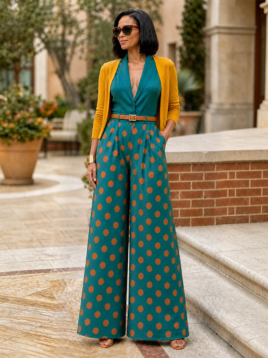 Pantalon plissé à pois, à poches, sans ceinture, à taille élastique, à jambes larges, taille haute, couleur contrastée