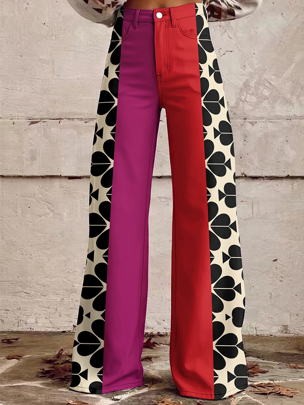 Pantalon imprimé boutonné à poches, à jambes larges, grande taille
