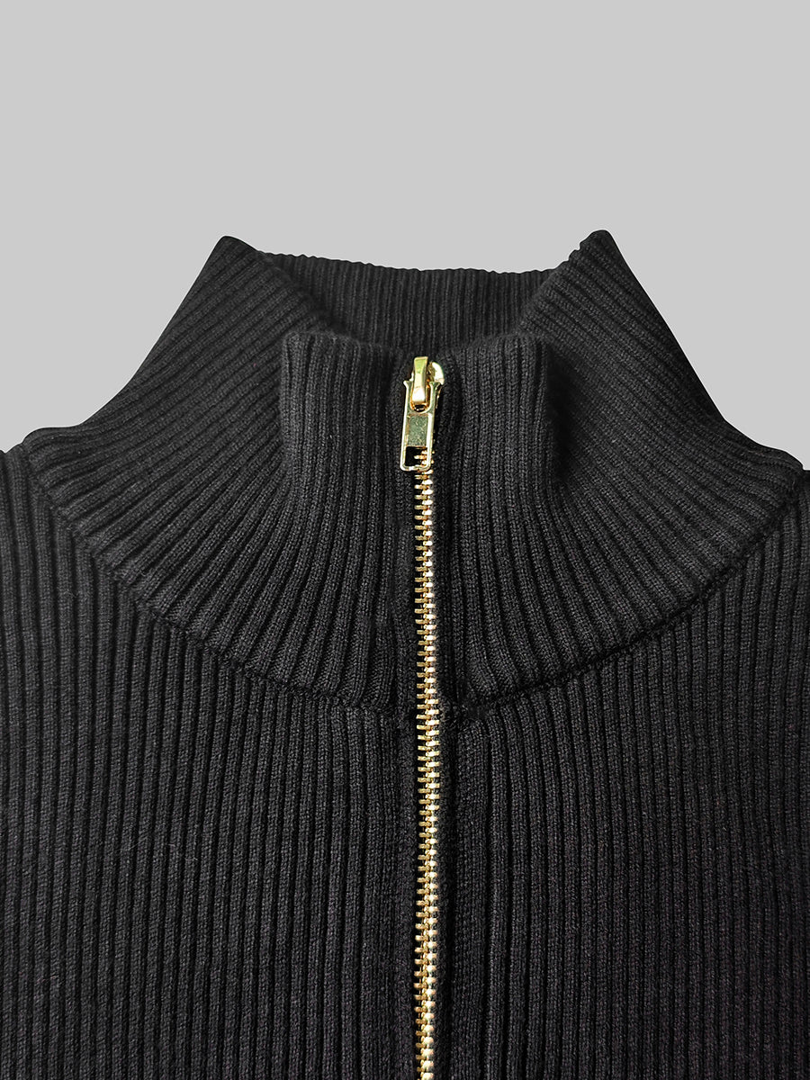 Pull à manches longues, coupe près du corps, à fermeture éclair, à col haut, couleur unie
