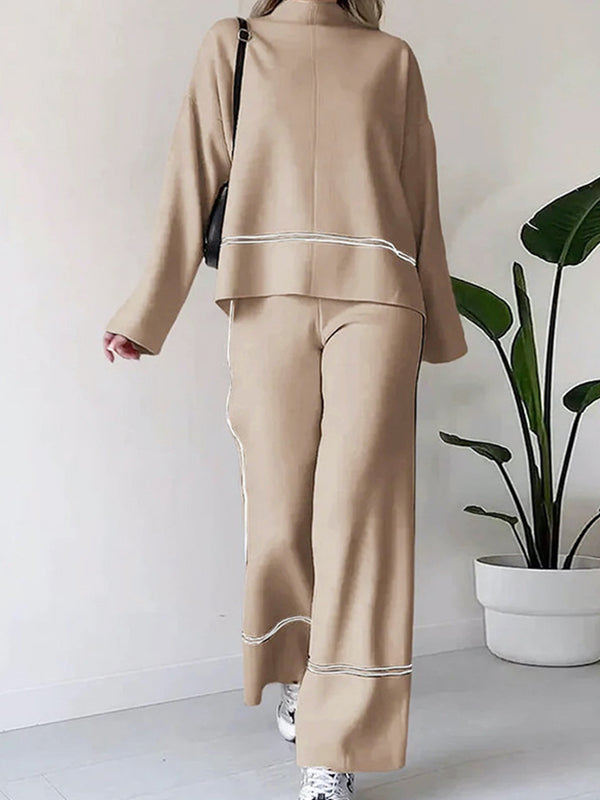 Ensemble deux pièces fendu sur le côté à ourlet plongeant, à col rond, taille haute, couleur contrastée – pull + haut + pantalon