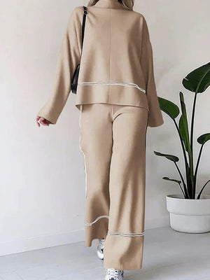 Ensemble deux pièces fendu sur le côté à ourlet plongeant, à col rond, taille haute, couleur contrastée – pull + haut + pantalon