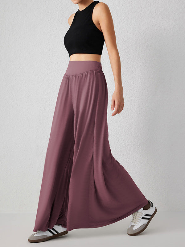 Pantalon ample plissé taille haute, à poches, à empiècements, couleur unie