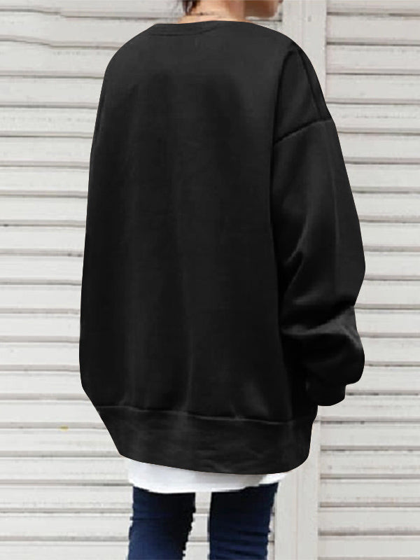 Sweat-shirt décontracté ample à col rond, couleur unie