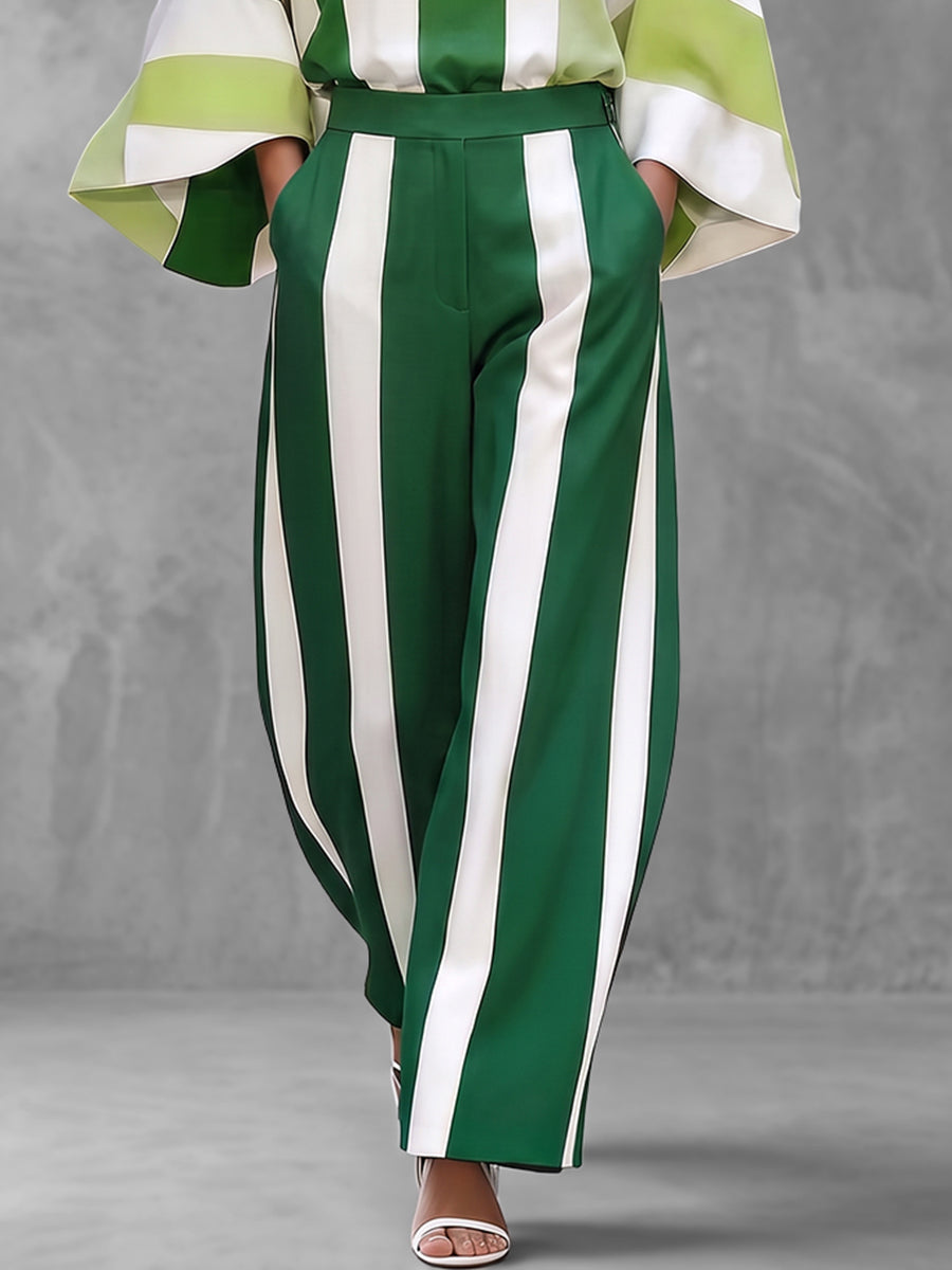 Pantalon rayé ample à poches, à taille élastique, à jambes larges, couleur contrastée