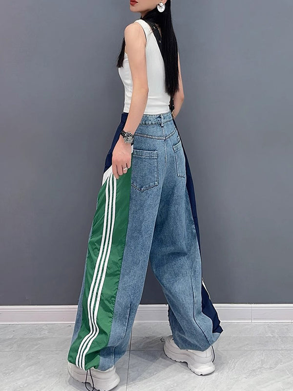 Jean ample à jambes larges, à cordon de serrage, à taille élastique, à franges, à empiècements, couleur contrastée
