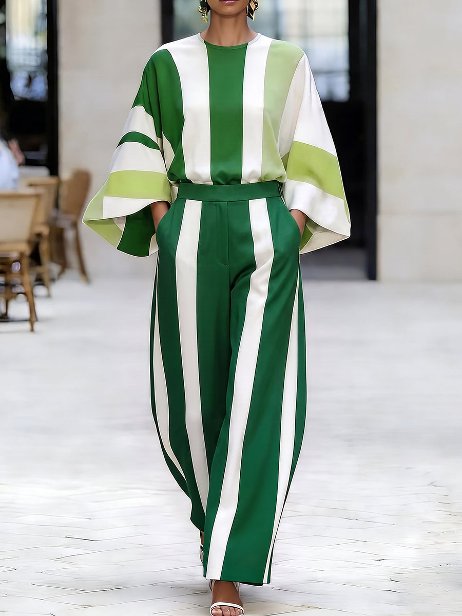 Pantalon rayé ample à poches, à taille élastique, à jambes larges, couleur contrastée