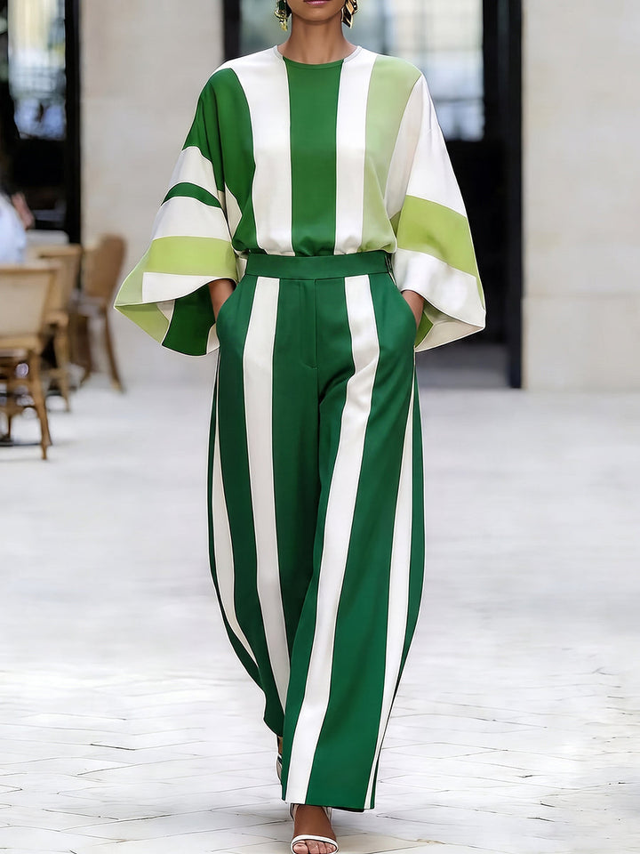 Pantalon rayé ample à poches, à taille élastique, à jambes larges, couleur contrastée