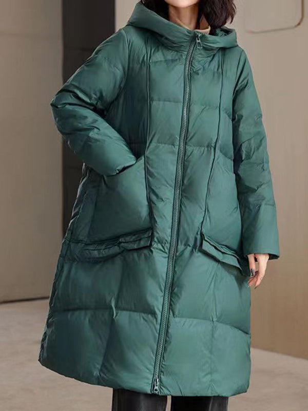 Manteau en duvet à capuche à manches longues et poches amples de couleur unie