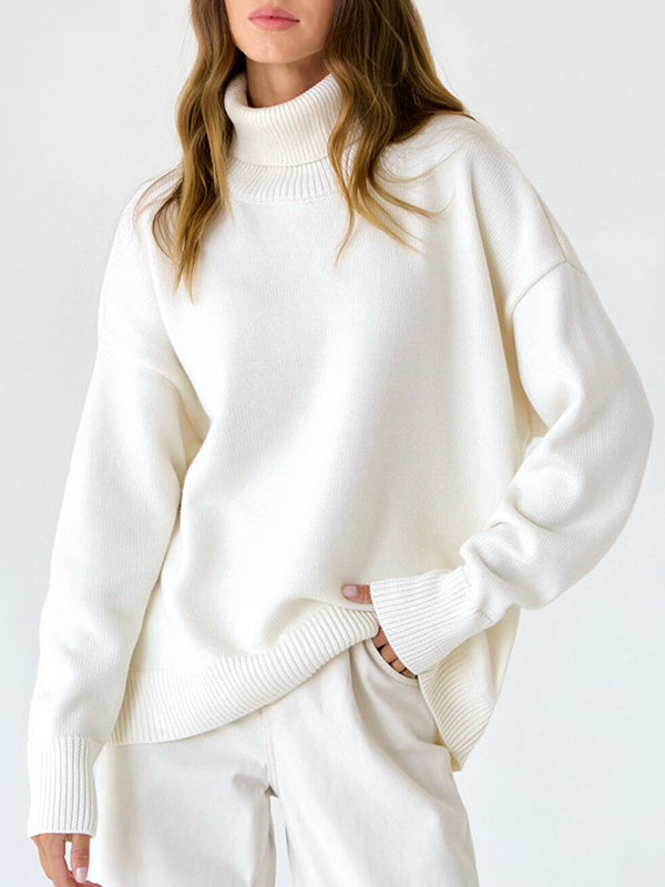 Pull en maille ample à manches longues, à col haut, couleur unie