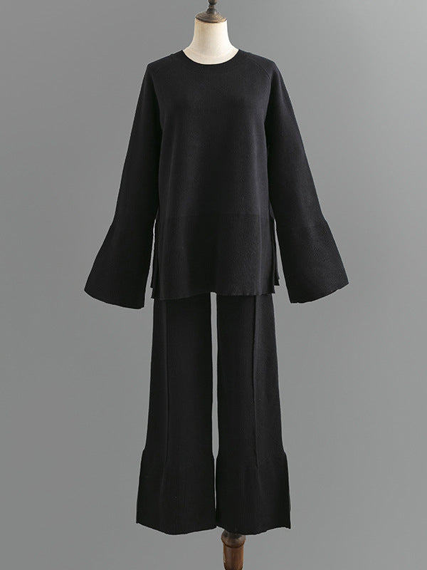 Ensemble deux pièces décontracté ample à manches longues, à col rond, à jambes larges, couleur unie – pull + pantalon
