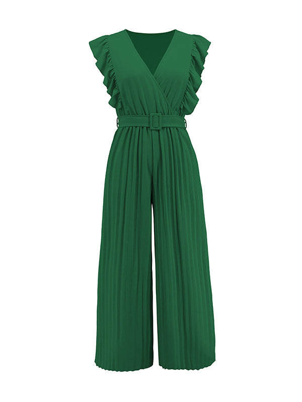 Combinaison ample plissée volantée taille haute, avec ceinture, à col en V, couleur unie