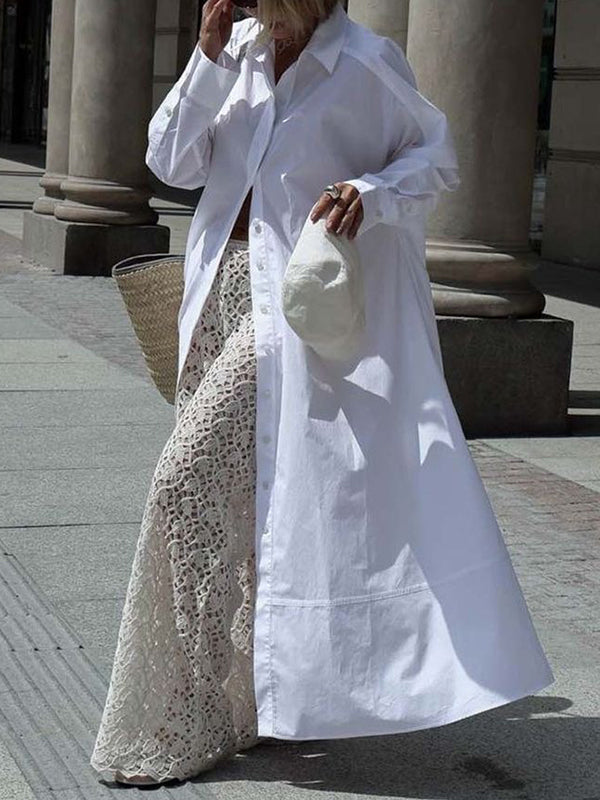 Robe chemise à manches longues, à empiècements, à col revers, couleur unie