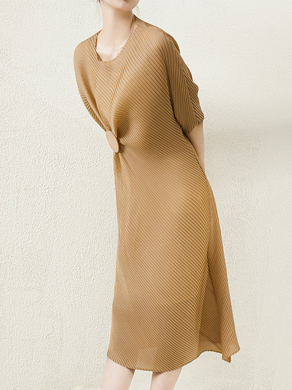 Robe mi-longue élégante ample plissée à coupe irrégulière, à col rond, couleur unie