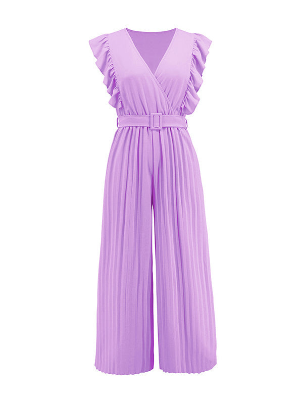 Combinaison ample plissée volantée taille haute, avec ceinture, à col en V, couleur unie