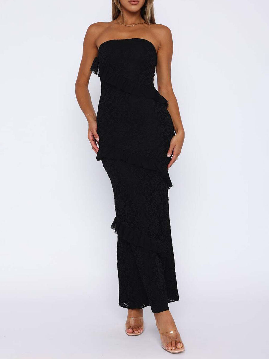 Robe mi-longue moulante volantée coupe trapèze, à empiècements, bustier, couleur unie