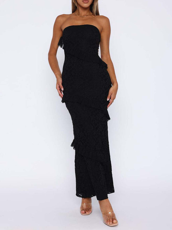Robe mi-longue moulante volantée coupe trapèze, à empiècements, bustier, couleur unie
