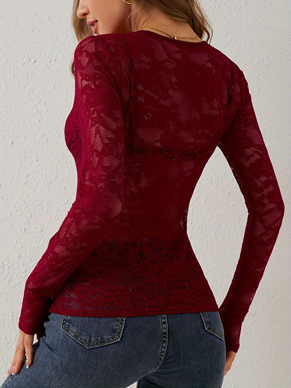 T-shirt près du corps en dentelle transparente à manches longues et col en V, couleur unie