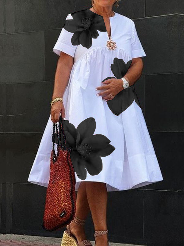Robe mi-longue ample plissée coupe trapèze, à imprimé floral, à col en V