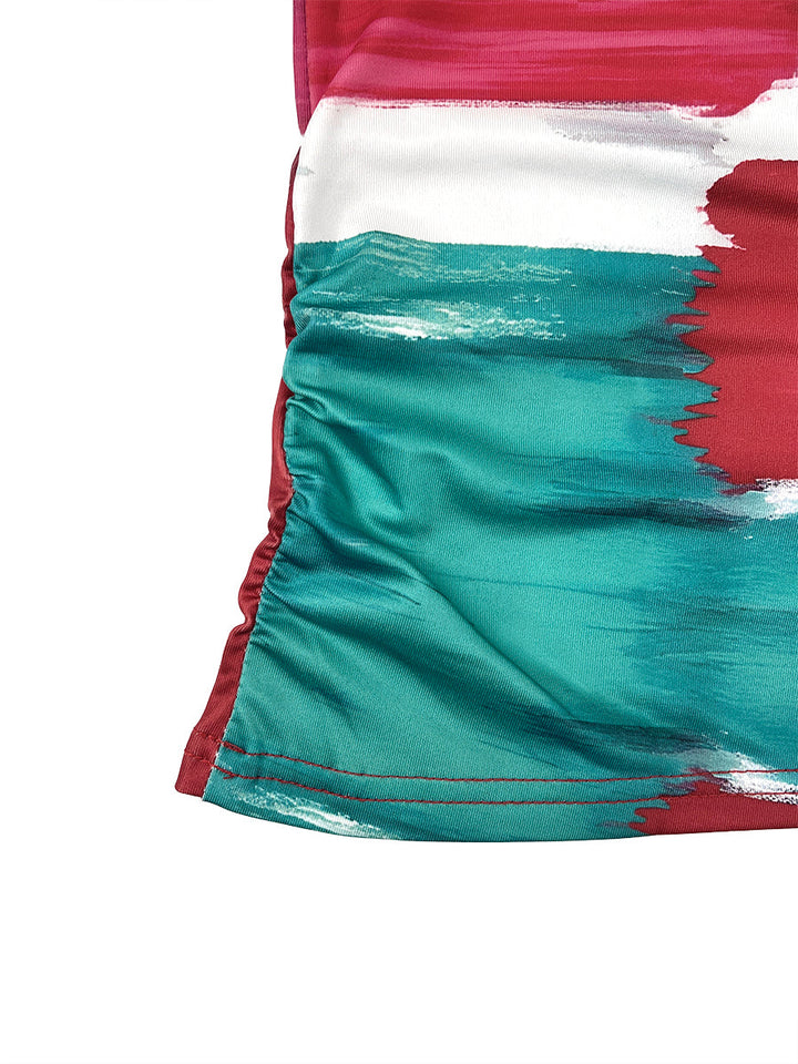 T-shirt imprimé à manches courtes, coupe près du corps, à carreaux, à col rond, couleur contrastée