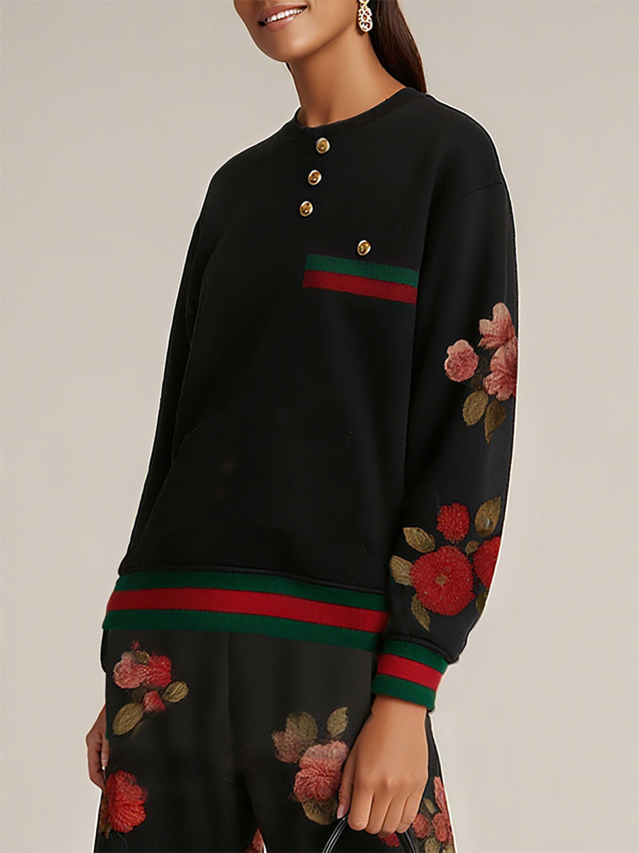 Sweat-shirt boutonné à manches longues, à imprimé floral, à empiècements, à col rond, couleur contrastée