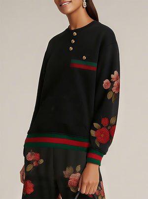 Sweat-shirt boutonné à manches longues, à imprimé floral, à empiècements, à col rond, couleur contrastée
