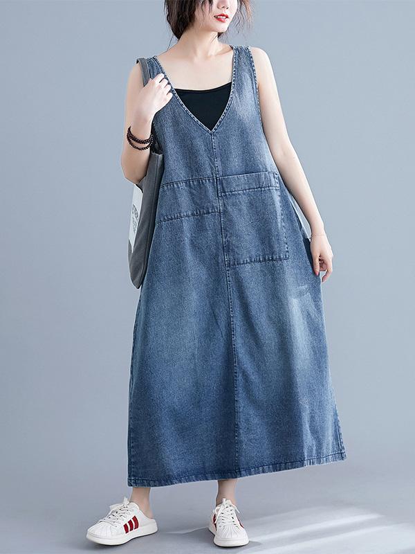 Robe mi-longue ample sans manches, en jean, à col en V