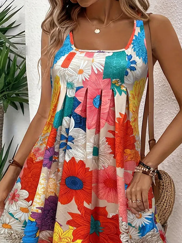 Robe courte plissée coupe trapèze, taille haute, à imprimé floral, à col rond