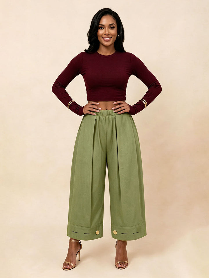 Pantalon plissé boutonné ample à poches, à taille élastique, à jambes larges, couleur unie