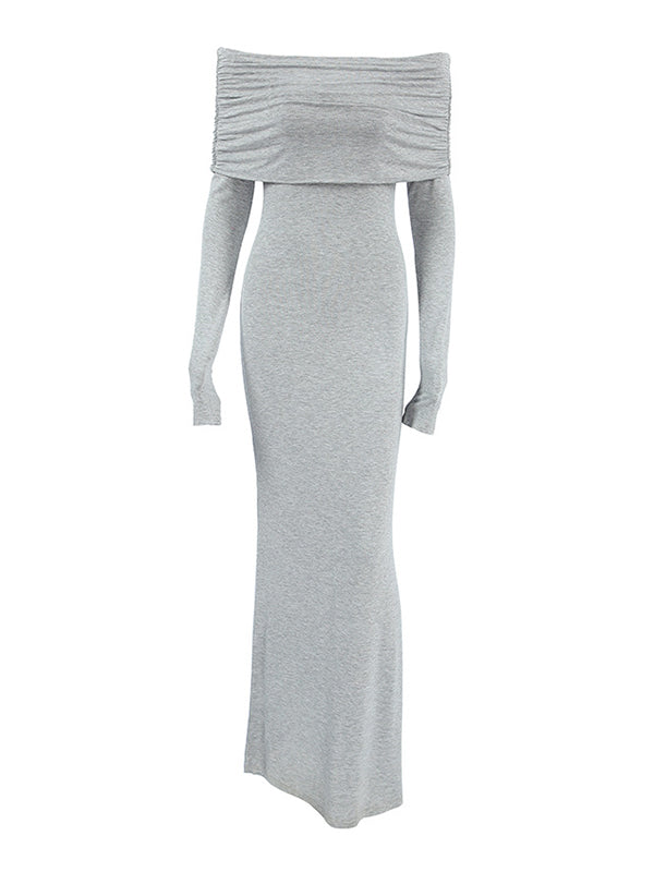 Robe de soirée longue plissée à manches longues, coupe près du corps, à empiècements, à épaules dénudées, couleur unie