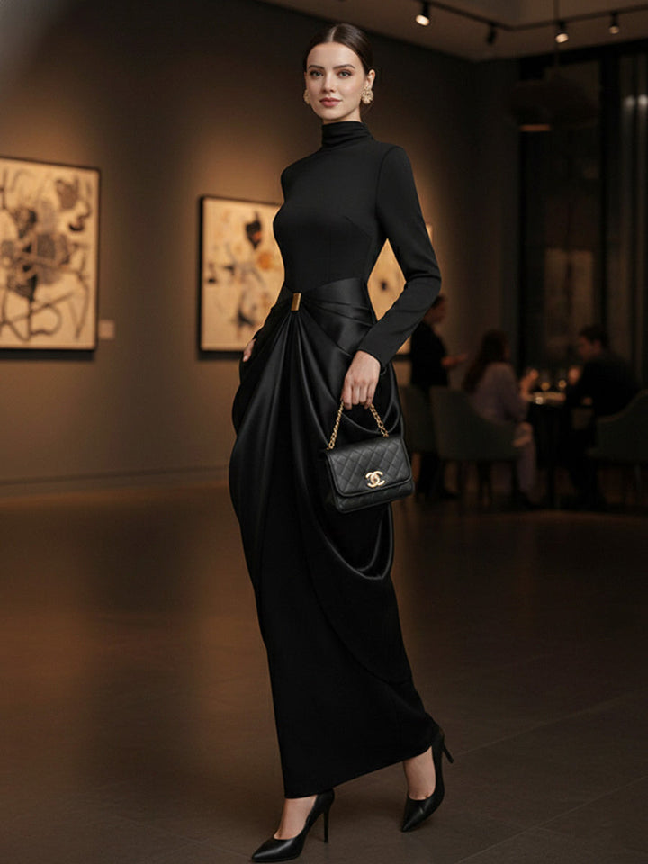 Robe de soirée longue drapée à manches longues, à boucle, à col haut