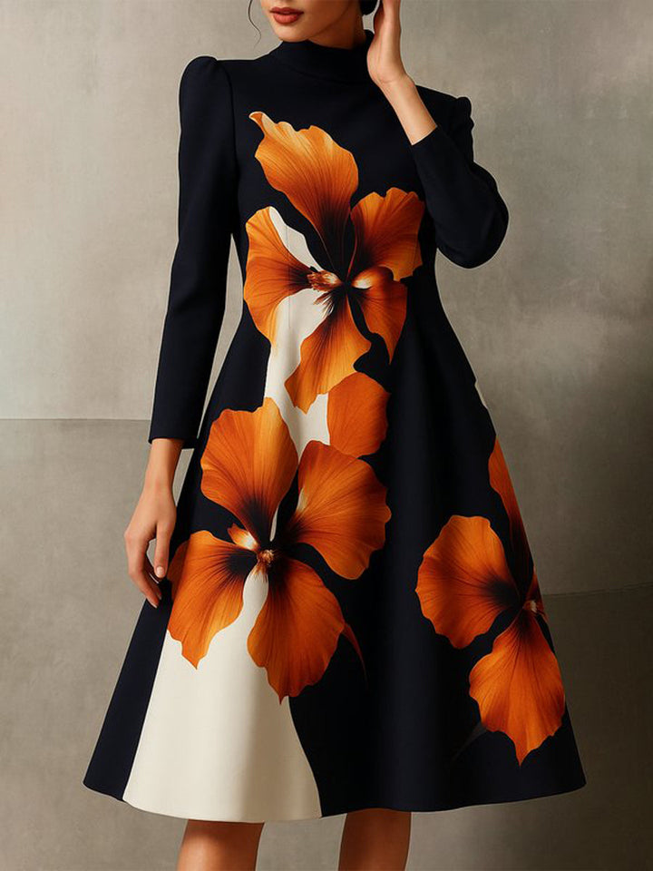 Robe mi-longue coupe trapèze, à manches longues, à imprimé floral, à col cheminée, couleur contrastée