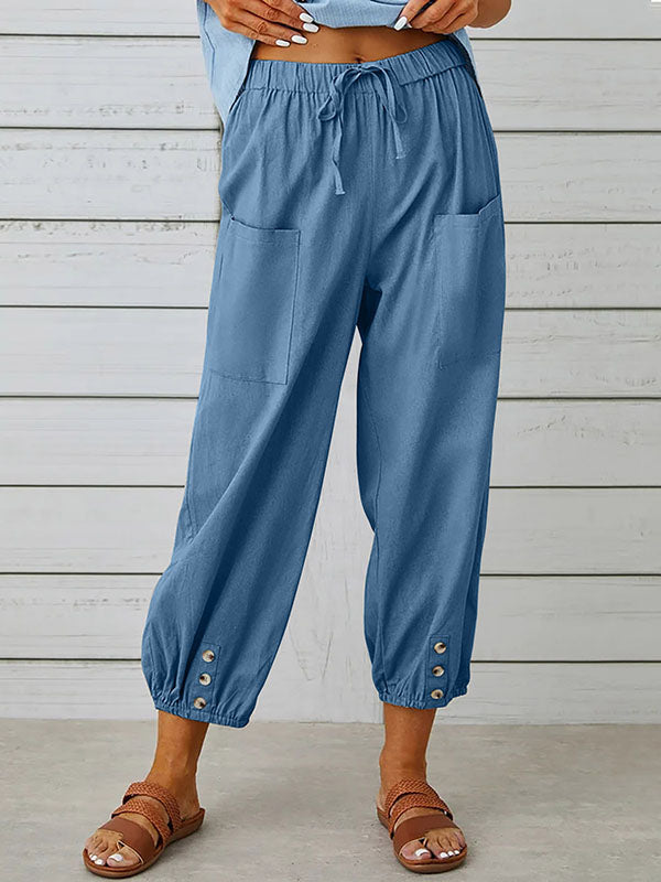 Pantalon ample boutonné taille haute, à cordon de serrage, à taille élastique, à poches, à empiècements