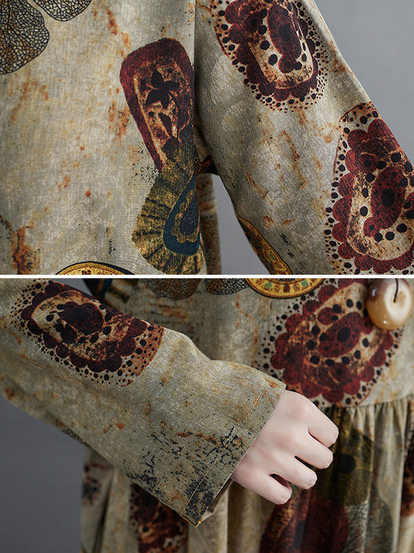 Robe longue artistique ample imprimée rétro, à manches longues, à col rond