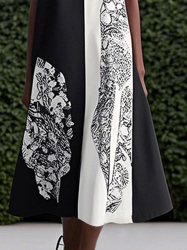 Robe longue ample asymétrique imprimée sans manches, à col rond, couleur contrastée