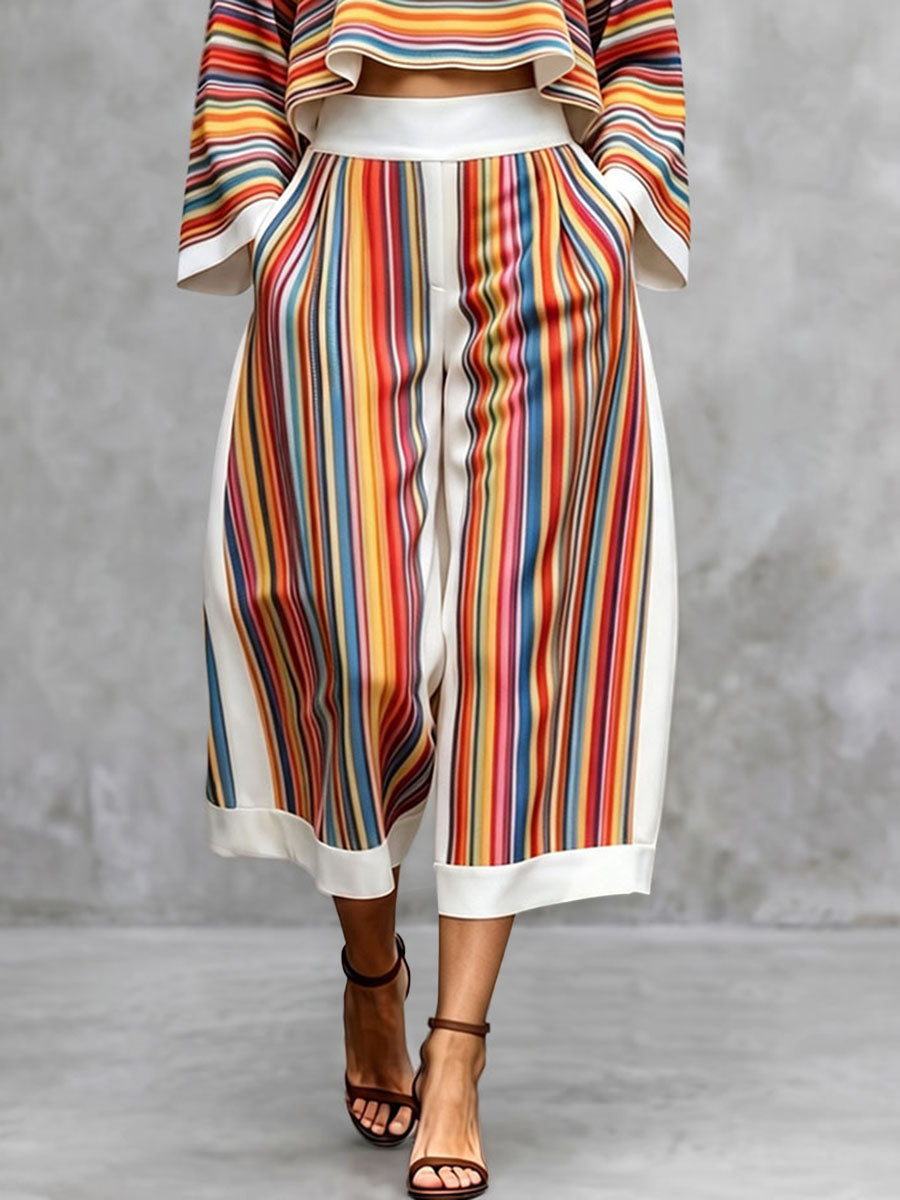 Pantalon court rayé multicolore ample à poches, à jambes larges